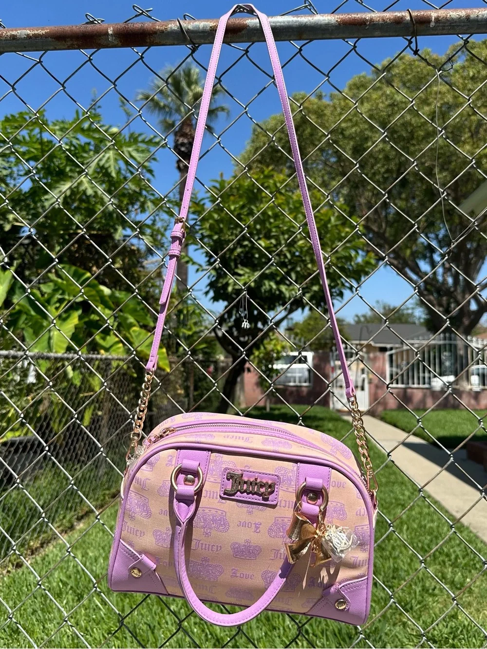 Juicy Couture Y2K Pink Lavender Monogram Bowler Satchel Crossbody Purse NWT